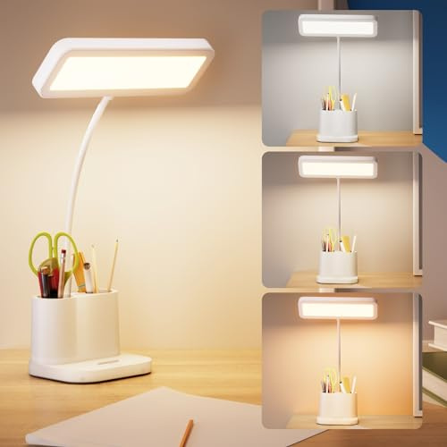 brightower LED Schreibtischlampe, Schwanhalslampe, 3 Farben(3000K-6500K) &Stufenloses Dimmen, mit USB-Anschluss, Leselicht für Büro, Schlafzimmer, Wohnzimmer (Rechteckig)
