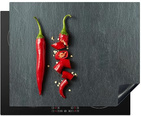 KitchenYeah© Herdabdeckplatte Einteilig Induktionsmatte Küche Abdeckung Ceranfeld Herd Abdeckplatte Deko Vinyl Matte Aufrollbar Pfeffer - Rot - Gewürz - Grau - Grün - 65x52 cm