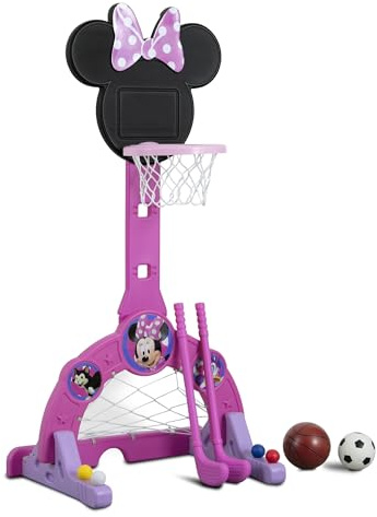 Delta Children Disney Minnie Mouse 4-in-1 Sports Center – Adjustable Easy Score Basketball Hoop, Soccer/Hockey Net and Golf Game, 4 Golf/Hockey Balls, Pink