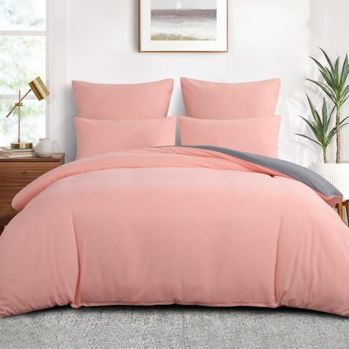 Aisbo Super King Size Duvet Cover Set - 3Pcs Reversible Bedding Bed Set Peach Pink and Grey Superking Soft Brushed Microfiber Quilt Cover with 2 Pillowcases 50x75cm