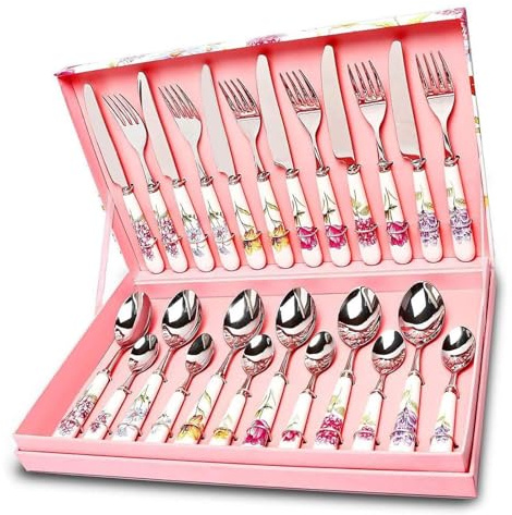 OMKMNOE 24 pcs Besteckset aus Edelstahl, Besteck mit Porzellangriffen Spiegelpolieren für 6 Personen Regenbogen Cutlery Set Geeignet für Hochzeiten/Weihnachten/Geburtstage/Halloween,Rosa