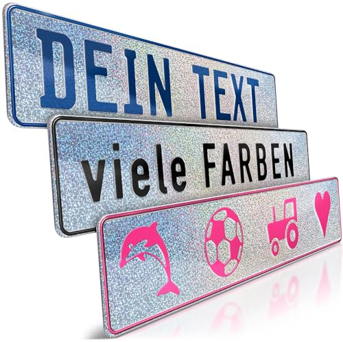 1 Fun-Schild geprägt | Silber Holo Glitzer mit Wunschtext bis zu 16 Zeichen | Individuelles Fun-Kennzeichen aus Aluminium | Namensschild | Auto-Kennzeichen | Optional Löcher & Saugnäpfe