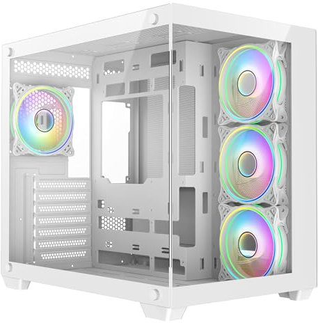 CiT Vision White Dual Tempered Glass Panelling ATX PC Gaming Cube with 6-Port PWM Fan Controller and 4 x CiT Tornado Infinity 120mm ARGB Dual-Ring Fans Included