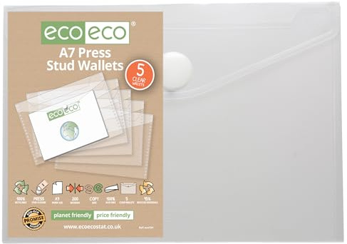 eco eco154 Dokumentenmappe, A7, 95% recycelt, transparent, mit Druckknopf, Kunststoff, 5 Stück