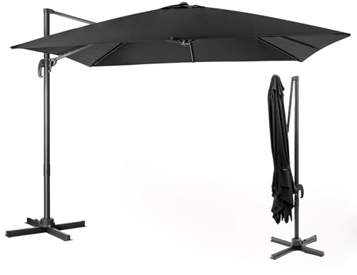 COSTWAY Ombrellone da Giardino 300 x 300cm | 3 Inclinazioni, Rotazione 360°, Manovella, 8 Stecche, Base Incrociata per Esterno (Nero, 300 x 300 x 273 cm)
