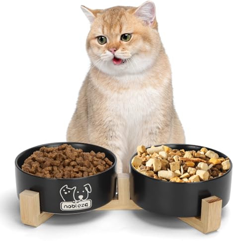 Nobleza - Ciotole per Cani Ceramica,2 Pacchi 900ML Ciotole per Gatti con Supporto in bambù, Antiscivolo, per Gatti e Cani di Piccola Taglia (Nero)