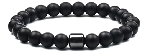 Raffici Frosted Black Onyx Bracelet with Hematite Accent – 8 mm Beads – Stretch Fit 18 cm – Minimalist Spiritual Gift for Men and Women – Velvet Pouch Included
