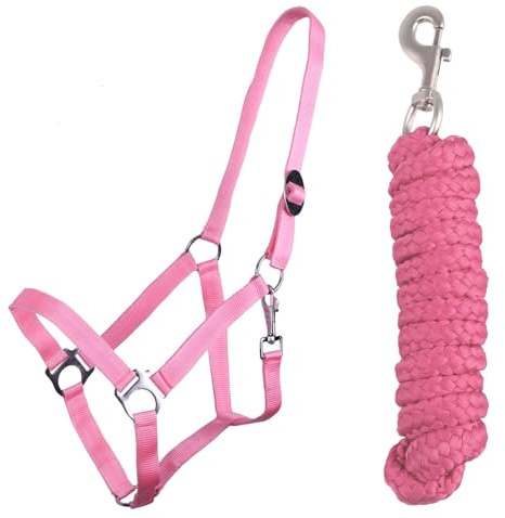ARBO-INOX Halfter-Set Beginner - Halfter + Führstrick mit Karabinerhaken verstellbar (COB Vollblut,Flamingo Pink)