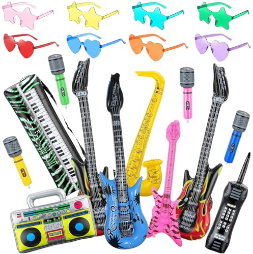 20Pcs Inflatable Instruments Party Props with Funny Sunglasses Set, Inflatable Rock Star Guitar Saxophone Bass Microphones Recorder Piano Photo Booth, 80s 90s Rock N Roll Music Party Decorations
