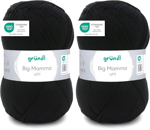 Gründl Wolle Big Mamma uni - XXL Wolle zum Stricken - Strickgarn - Weich und hautfreundlich - 100% Polyacryl - 1 Knäuel 400 g / 1040 m - Nadelstärke 3,5-4,5 - schwarz (Packung mit 2)