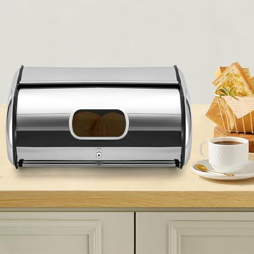WindWilder Brotkasten aus Edelstahl - Großer Brotbehälter, Metall Brotbox mit Rolldeckel und Belüftunglöchern, Aufbewahrungsbox für Brot, Brötchen, Kekse, Silber (5L, 34x23x14.5cm)