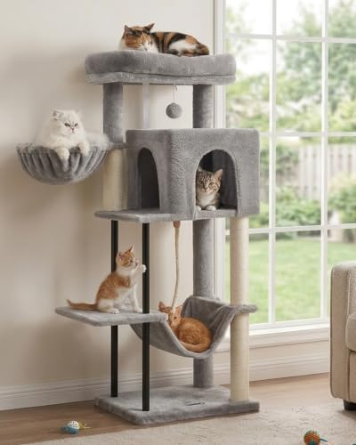 Gitelsnour Rascador para Gatos, Árbol para Gatos de Interior de 110 cm con Tubo de Acero Resistente, Hamaca, Rascadores, Gris Claro GCT004SW-2