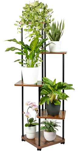 TTL HOME Pflanzenregal TOWER mit Rollen 5 Etagen - Blumenregal 112 cm hoch für Wohnzimmer - Design Pflanzenständer Holz Eiche Metall schwarz - Blumentreppe Ständer & Regal innen Deko Blumen Pflanzen