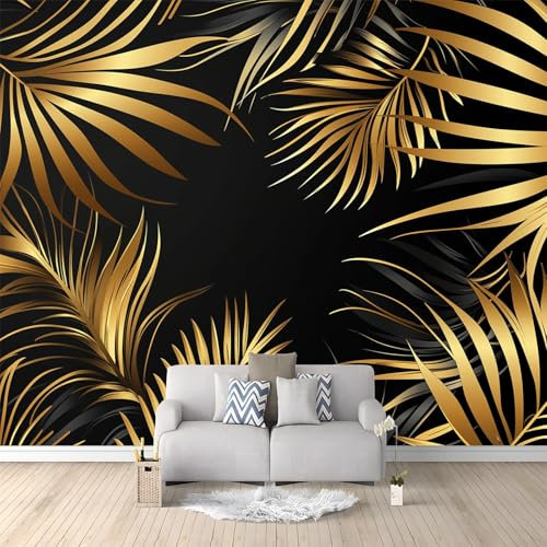 Papel pintado no tejido Elegantes Hojas De Palma De Lujo Revestimiento de paredes decoración salón dormitorio 200 x 140 cm Decoración de carteles gigantes Negro Dorado para salón Habitación infantil