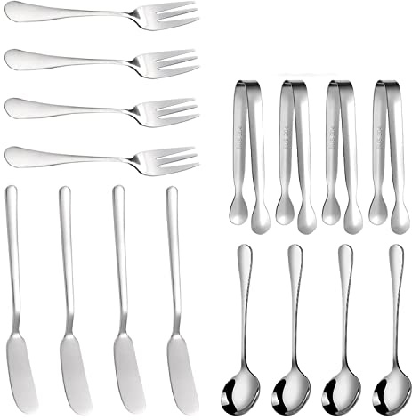 Fangxuee Juego de Cuchillos para Untar Mantequilla de Queso, 16 Piezas, Accesorios de CharcuteríA, Cuchillos de Mantequilla de Acero Inoxidable, Pinzas para Servir (Plata)