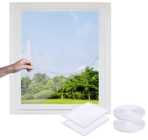 LEMESO Moustiquaire Fenêtre Scratch 2pcs, 150×180cm Moustiquaire Découpable Universelle en Maille Fine Anti-Moustique avec Bande Adhésive crochet 2pcs+ boucle 2pcs