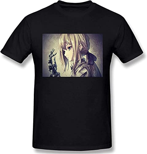 Violet Evergarden Men’s Cotton Crew Neck T Shirts Athletic Running Workout Short Sleeve Tee Tops Black T-Shirts à Manches Courtes(X-Large)