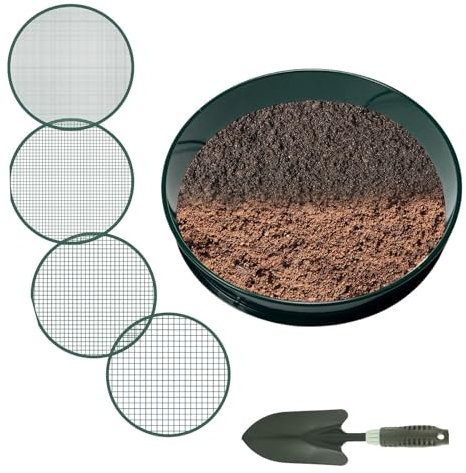 Gartensieb aus Edelstahl, 4 In 1 Garten Sieb Set 30cm | Kompostsieb mit 4 Austauschbare Siebeinsätze Ø 3/6/9/12mm | Rostfreier Siebmeister Bodensieb für Blumenerde, Saatgut, Sand &