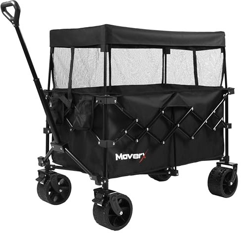 MoverX 200L Camping Trolley on Wheels, Canopy Folding Wagon, Portable Camping Cart, Foldable Trolly for Festival Beach Outdoor Garden Picnic Shopping Fishing, Wide Wheels, Adjustable Handle, Black