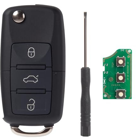 Clé Télécommande Pliable 3 Boutons pour Volkswagen avec PCB Intégrée – Compatible T5 T6 Amarok Polo Golf, avec Clé Inachevée, Outil de Démontage et Feuille à Aiguille, Remplacement Fonctionnel