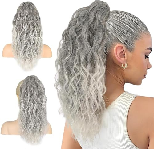 KBIBCK Coda Capelli Extension con Pinza, Ricci Ondulati Estensioni Coda di Cavallo, Lunga Ondulati Ricci Posticci Finta Sintetici, Artiglio Clip Coda di Cavallo Extension (45 cm, Grigio Argento)