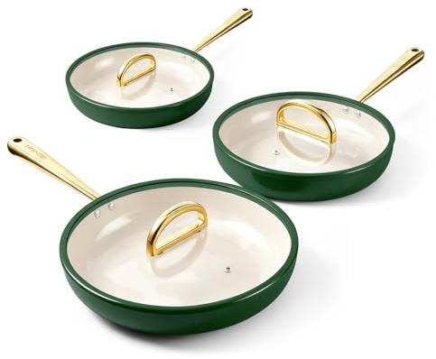 ROYDX Non Stick Frying Pan Set, Titanium Ceramic Frying Pan with Lids, 20cm, 26cm and 30cm Skillet Set with Stay Cool Handle, Oven Safe, Compatible with All Stovetops-Pine Green