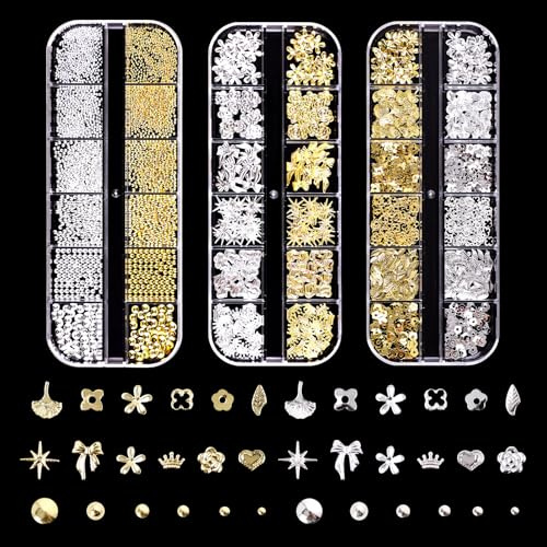lafo 3 Schachteln Nail Charms Set mit 36 Designs: Gold & Silber Stern, Schleifen, Strass & halbrunde Metall-Perlen | Dekoration für Nail Art und Nageldesign Zubehör (B)