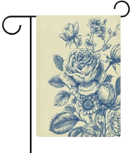 Gartenflagge, Motiv: Rosen, Pfingstrosen, Hyazinthen und Gänseblümchen in Blau, saisonale Feiertage, Jute, doppelseitig, 30,5 x 45,7 cm
