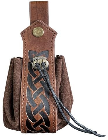 Dragskoväska – medeltida konstläder påse | bärbar myntväska | vintage bältespåse tärningsväska | cosplay handgjorda dragsträngar påsar för män, kvinnor, kostymtillbehör, Mörkbrunt, Refer to