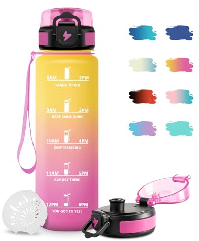 JAPORIA Sportflasche 1L, Wasserflasche Kohlensäure Geeignet, Trinkflasche mit Filte, Auslaufsicher, Motivierende Trinkflasche mit Zeitmarkierung, Leicht zu Reinigen, Perfekt für Camping, Reisen, Gym