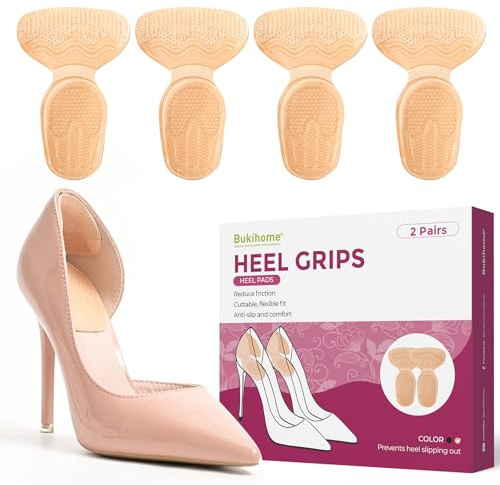 Heel Grips for Women Shoes - Bukihome Heel Pads for Shoes that are Too Big, Non-Slip, Reduce Friction T-Shape Design Shoe Cushions for High Heels, Sandals, Pumps, Flats, Boots (4 Pcs, Beige)