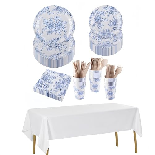 CEILIWEN Juego de 212 piezas de vajilla de papel para 30 invitados, incluye platos, vasos, servilletas, cubiertos y manteles para elegante té de la tarde, boda, cumpleaños (azul)