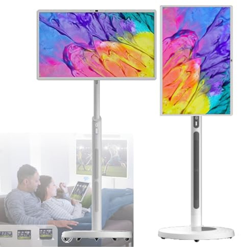 32 Inch FHD Smart Portable TV, Android OS, Movable Touchscreen with Full Swivel Rotation, Voice Remote Control, 8GB RAM, 128GB Storage, Rolling TV on Wheels
