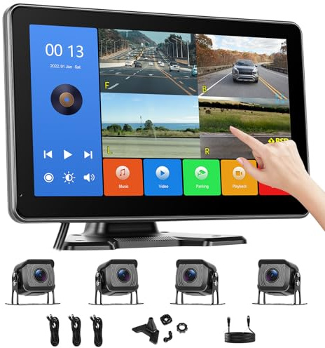 CAMECHO 10.1 Quad Split-Screen Reversing Camera Kit with IPS Monitor, 4x AHD 1080P IP68 Waterproof Cameras, DVR Recording, BSD Detection & Parking Assist for Truck, Van, Car, Lorry, and Bus (6.5-36V)
