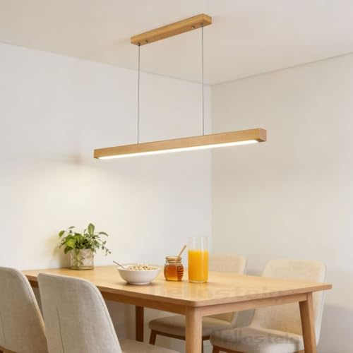 Holz Pendelleuchte LED Esszimmer Dimmbar Esstischlampe Hängelampe Linear Design Hängeleuchte Dimmbare LED Pendellampe mit Fernbedienung, Höhenverstellbare für Büro Küche Esszimmer (Holz, 100)
