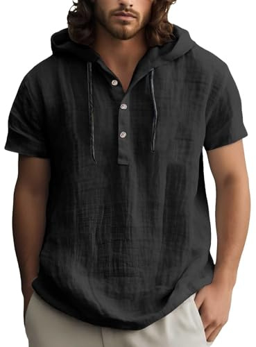 2026 Hombres Primavera y Verano Moda Color sólido Lino Camisa con Capucha Manga Corta Casual Hombres Playera Camiseta, Negro , XXL