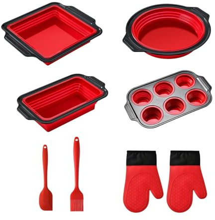 Stampo in silicone per forno | teglia impilabile, con presina, raschietto per pasta e pennello da forno, set impilabile, per muffin, biscotti, cupcake, uova, ciambelle, bacon, tostapane e cucina