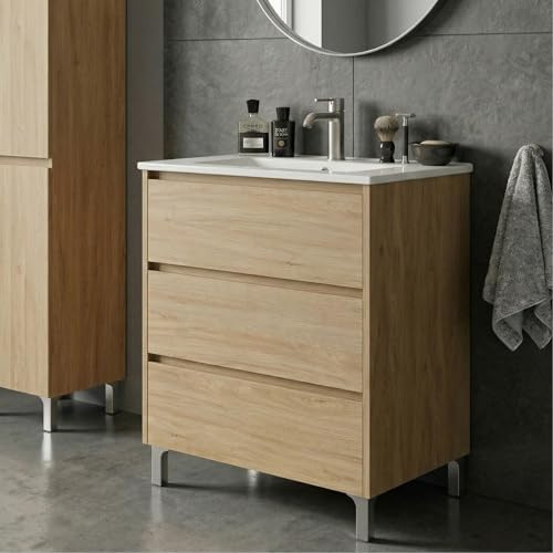 SANIVERRE LISBONA Meuble Vasque sur Pied 3 Tiroirs L.60 cm Chêne Naturel (sans Colonne)