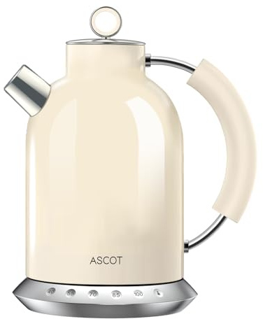 ASCOT Electric Kettle with 5 Variable Presets, Electric Tea Kettle & Coffee Kettle, 100% Stainless Steel Inner Lid ＆ Bottom, 30mins Keep Warm, 2200 Watt Quick Heating, 1.5L (Beige)