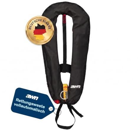 awn Supralite Schwimmweste, 170N, ISO 12402-3, vollautomatisch mit Schrittgurt, D-Ring & Bergeschlaufe, ohnmachtssicher, leicht & verstellbar, Rettungsweste, Schwimmhilfe Erwachsene, Schwarz oder Rot