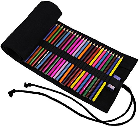 Amoyie Stifterolle Leinwand Mäppchen für 36 Buntstifte, Hand Roll-up Federmäppchen für Reisen/Schule/Büro/Kunst (Keine Schreibzeuge im Lieferumfang), Schwarz
