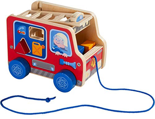 HABA 304317 - Ziehfigur Feuerwehrauto, Nachziehspielzeug für Kinder ab 12 Monaten, animiert zum Laufenlernen, mit Bausteinen zum Stecken