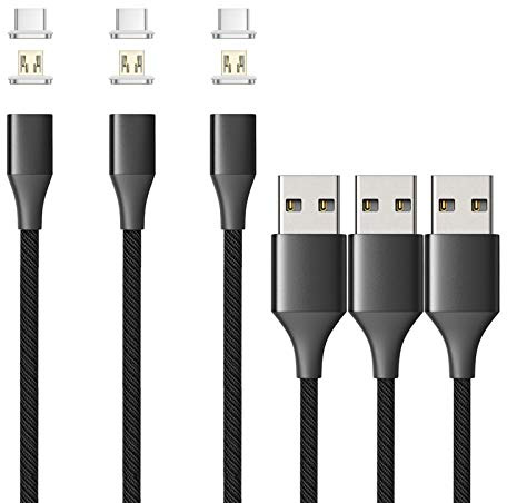 NetDot Magnetic Charging Cable, Gen10 Nylon Braided Magnetic Phone Charger Compatible with USB-C and Micro USB Devices (3.3ft/3 Pack Black)