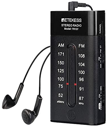 Retekess TR107 Radiolina Portatile con Cuffie, Radio Transistor AM FM, Stereo, Mega BASS, Batteria AAA, per Sport, Fare Jogging,Regalo(Nero)