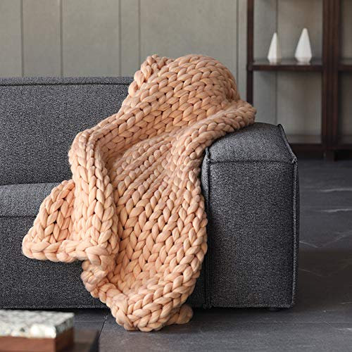 MANG Große Gestrickte Decke Handgefertigtes Strickdecke Rosa Chunky Kuscheldecke, Grob Wolldecke Für Haustier Bett Stuhl, Gelb/Grau/Beige, 150 * 180cm