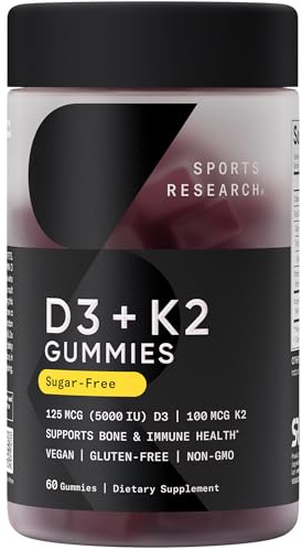 Sports Research® Vegan Vitamin D3 + K2 Sugar-Free Gummies - 125mcg (5000iu) Vitamin D w/ 100mcg Mk7 Vitamin K - Supports Bone & Immune Health* - Vegan Certified · Non-GMO · Soy Free - 60 Count