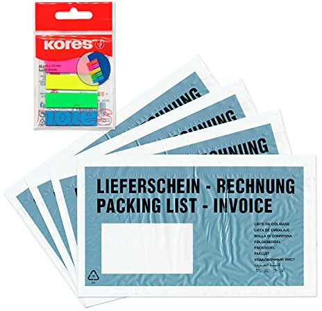WPTrading - 1.000 x Lieferscheintaschen 225 x 120 mm DIN-LANG Hellblau Lieferschein/Rechnung inkl. 125 Page-Marker in 5 Farben - Dokumenten-Taschen selbstklebend - Begleitpapiertaschen für Versand
