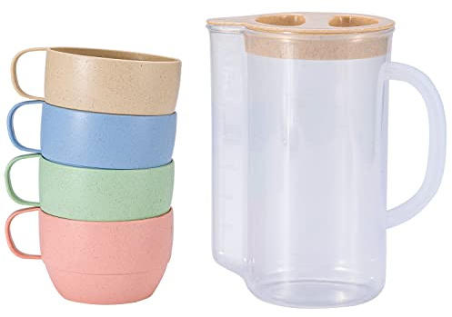5 Pack Wheat Straw Unbreakable Tableware Kettle Cups Set, with 4 Multicolor Cups for Kids Children Toddler Adult, Dishwasher Coffee Mug for Water, Tea, Milks, Juice