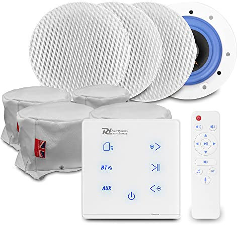 Power Dynamics Bluetooth Ceiling Speaker System - A100W In-Wall Amplifier, 4x ESCS5 Home Ceiling Speakers & Fire Hoods - Complete Audio Installation Kit