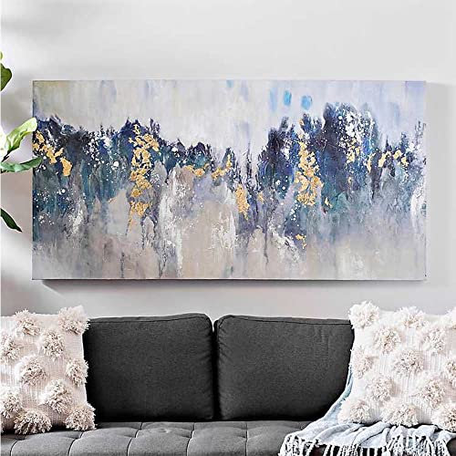LCDIUDIU Handgemalte Acrylbilder, Blaue Textur Berggipfel Goldfolie Abstrakt Modern Handgemalte Ölgemälde Auf Leinwand Für Familienwand Wohnzimmer Esszimmer Home Art Decor,50X100Cm(19.6X39.